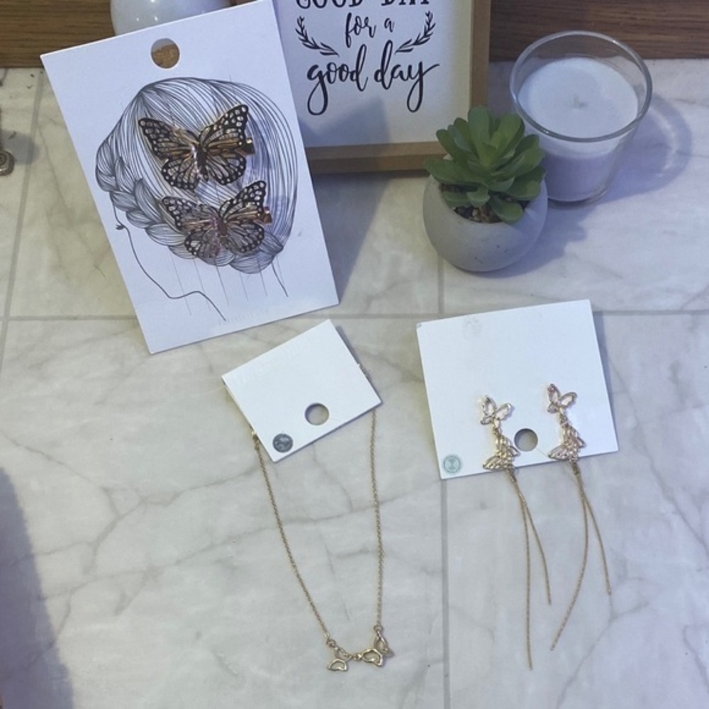 💎 Butterfly Earrings, Necklace and Hair Clips. + free Photo Holder. GIFT SET 🦋